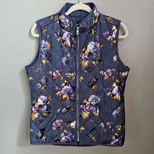Quilted Metallic Floral Zip Up Vest Womans Small